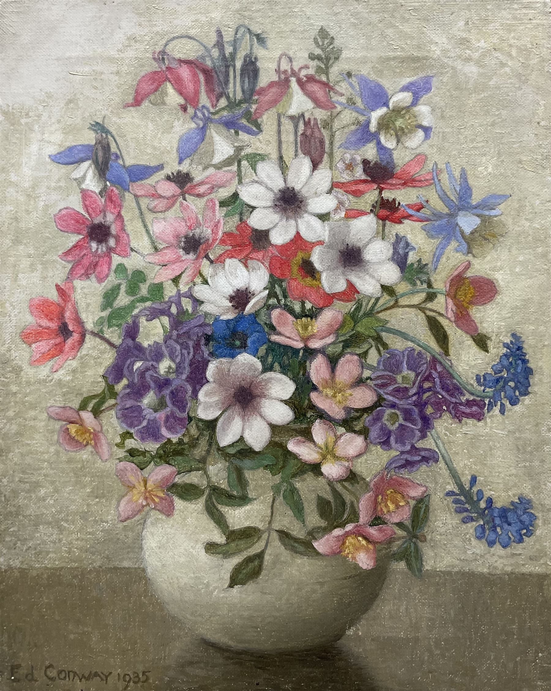 Harold Edward Conway (Staithes Group 1872-1949): Still Life of Summer Flowers, oil on canvas signed and dated 1935, 32cm x 25.5cm (unframed)