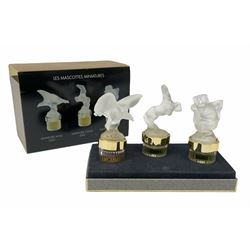 Lalique 'Les Mascottes Miniatures' boxed set of three miniature car mascot perfume bottles, comprising Faun 2001, Horse 2002 and Eagle, 2003