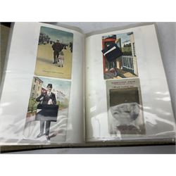 Five albums containing a large quantity of Edwardian and later postcards, predominantly topographical, mostly printed but some real photographic including street scenes, George Studdy 'Bonzo', WW1 soldiers and Lord Kitchener, portraits and groups, novelty pull-outs, shipping, comic, Mabel Lucie Attwell etc (5)