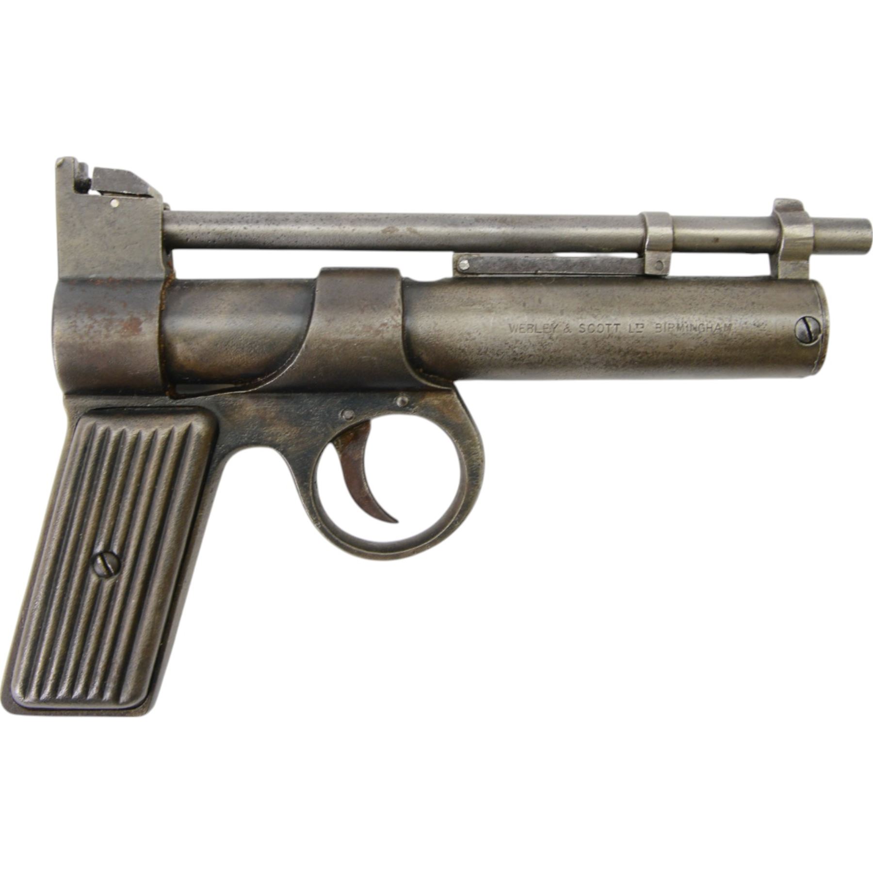 Webley Junior .177 air pistol, 1930-1939 batch 789, serial number J14788, the air chamber marked The Webley 'Junior .177 Patented in Great Britain No 219872 and all Principle Countries', 'Made in England' and Webley & Scott Ltd. Birmingham, with ribbed metal grips, H13cm, L19cm