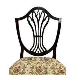 Early 19th century elm side chair, shaped cresting rail over vasiform splat with pierced decoration (W53cm, H96cm); Hepplewhite period mahogany side chair, shield back with pierced splat, on square tapering supports with spade feet (W55cm, H99cm); George III walnut elbow chair, shaped cresting rail and moulded frame, upholstered drop-in seat, on square supports with inner chamfer (W59cm, H95cm) (3)