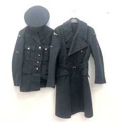  RAF O.A 1950-51 patt .Jacket, trousers and greatcoat, with Leading Aircraftsman patches, and an L. Silberston cap,   