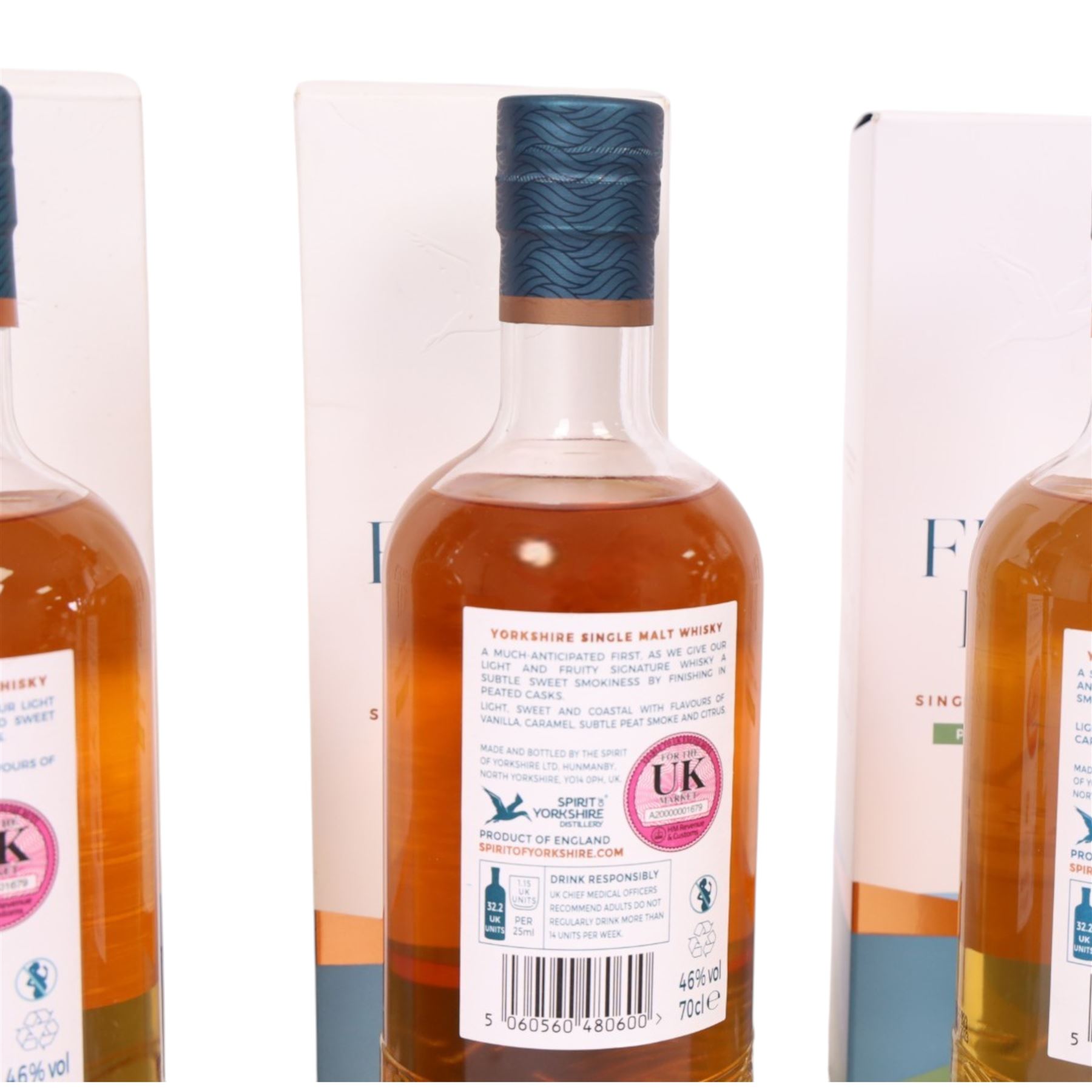 Sprit of Yorkshire Distillery, Filey Bay Peated Finish, single malt whisky, 70cl 46% vol, three bottles batch one, two and three