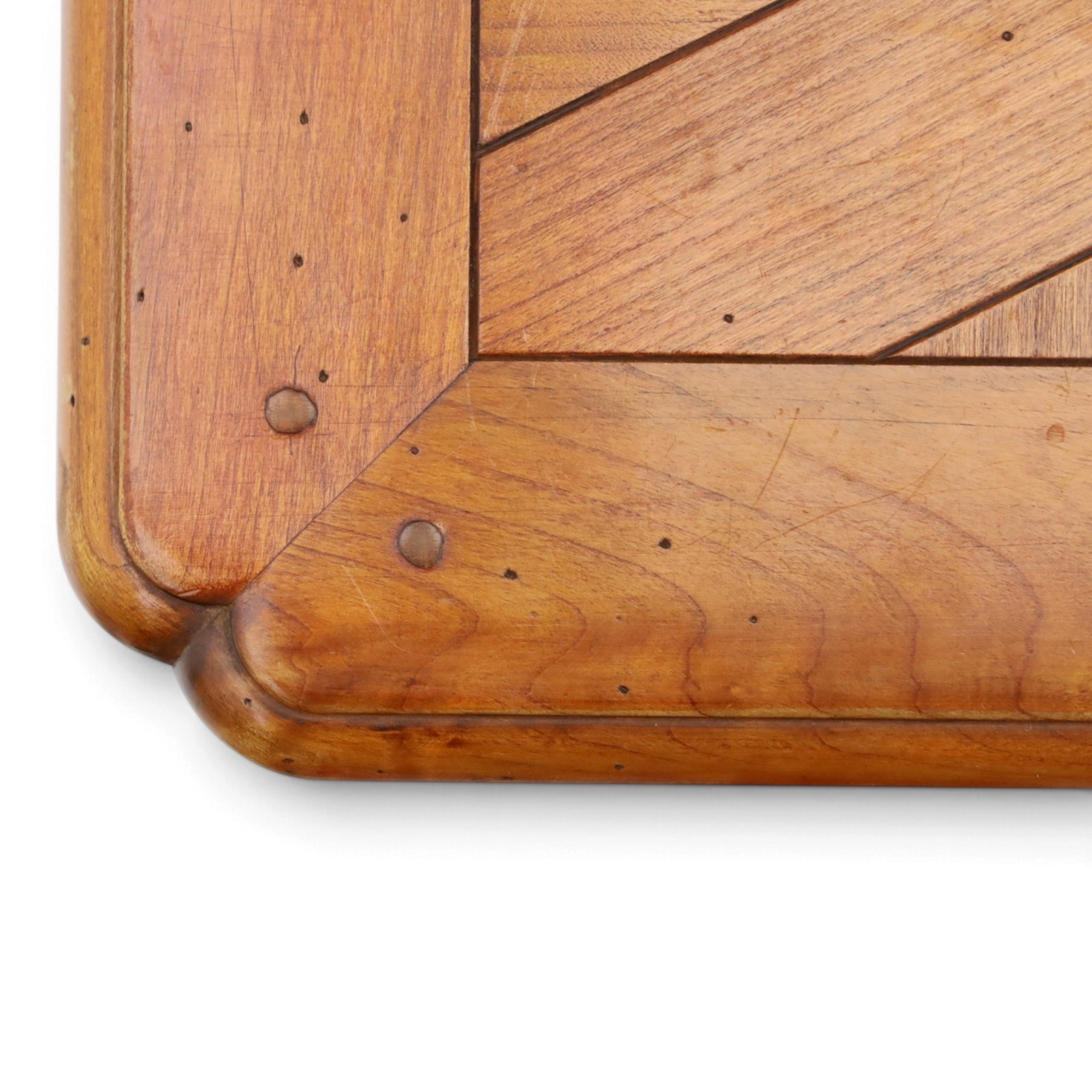 Wesley Barrell - French cherry wood coffee table, rectangular top inlaid with a geometric cross design, stone inlay with two frieze through drawers and metal drop handles, on short turned supports