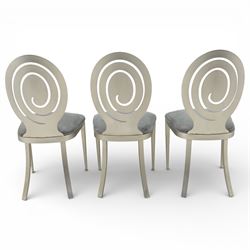 Ethan Allen - 'Radius' pair of stools and three chairs, metal pierced back with spiral cut out, plush blue velvet seat, raised on metal tapering supports