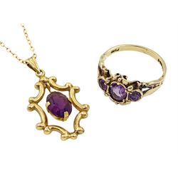 Gold amethyst pendant, stamped 18K, on 9ct gold chain necklace and a 9ct gold three stone amethyst ring, hallmarked