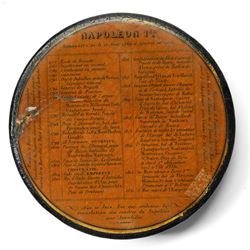 19th century papier mache snuff box, the cover with a papal figure, possibly Pope Pius, a French circular snuff box decorated with details of the life of Napoleon Bonaparte, pinchbeck seal, agate desk seal and various others