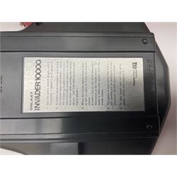 PMS Lightning 1:8 scale remote control racing car; Soma Sonic Man battery operated electronic sounds and light action figure; and CGL Galaxy Invader 10000 computer space battle game; all boxed (3)