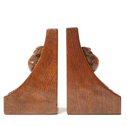 Mouseman - pair of circa 1940s/50s oak bookends, good colour, with carved mouse signatures forming a heart shape when side by side, by Robert Thompson of Kilburn