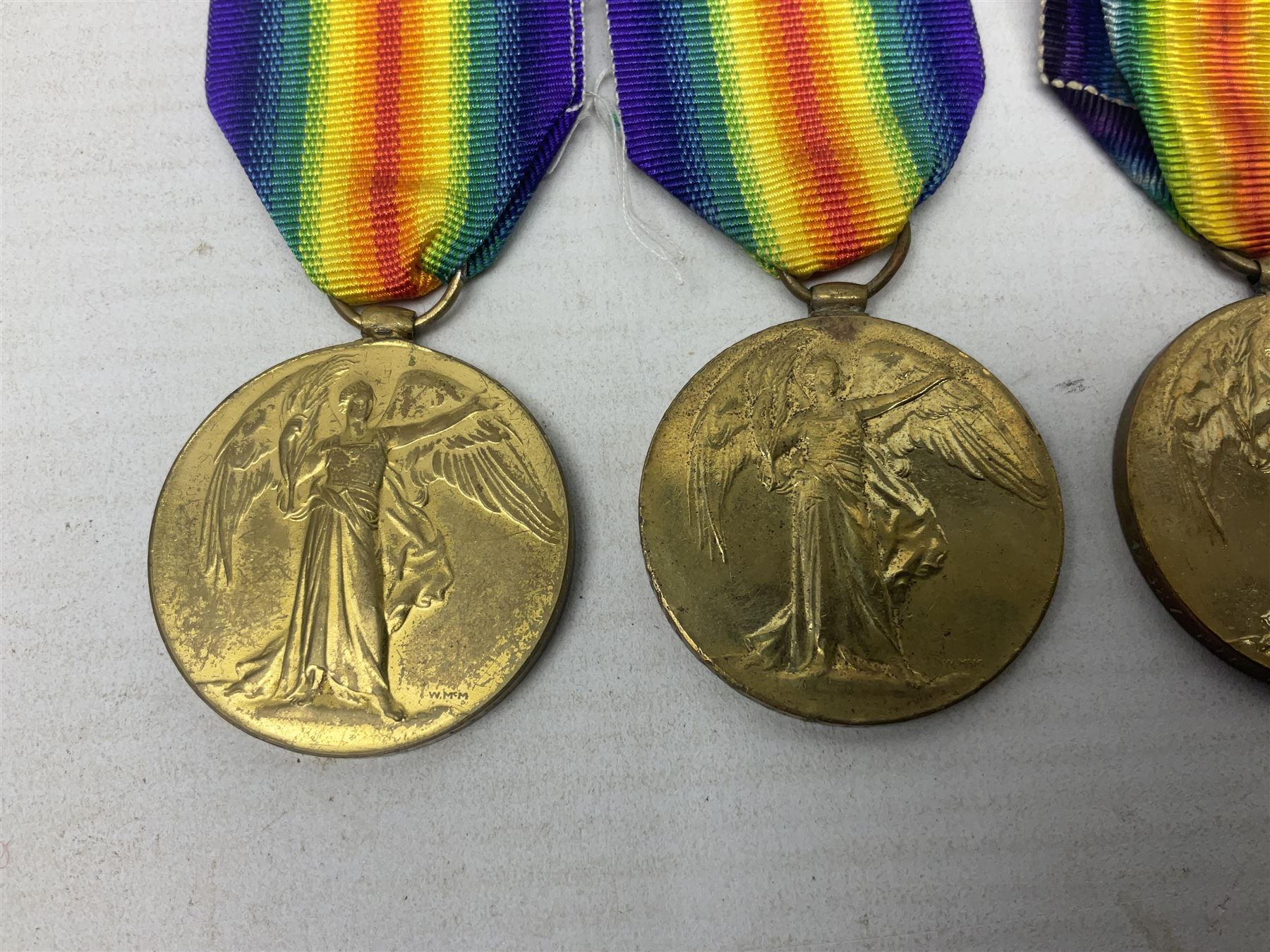 Five WW1 Lincolnshire Regiment Victory Medals awarded to 42327 Pte. T Davison; 29878 Pte. J.W. Simpson; 21702 Pte. H. Archer; 41348 Pte. J.A. Hart; and 9874 Pte. N. Ellis; some biographical information; all with ribbons (5)