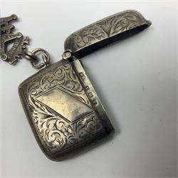 Edwardian silver open faced lever pocket watch, with subsidiary seconds dial, by WE Watts Nottingham, hallmarked William Ehrhardt, Birmingham 1906, together with a silver Albert chain, silver tiger's eye unicorn fob, and a silver vesta case with double sided fob, all hallmarked 