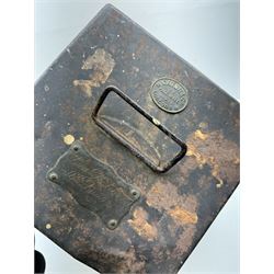 16th Queens Lancers Officers Lance Cap, black leather body with gilt braid lace and gilt wire braiding to the peak, officers silver gilt helmet plate to the front, the black cloth mortar board top with thick bullion wire, the bullion socket holder with embroidered GR cipher to the centre, lion head side bosses with velvet backed linked chinstrap, interior with leather sweatband and cloth lining, marked Carter & Co Pall Mall, the helmet is housed in japanned storage tin with brass plaque engraved “Lieu H L Evans, 16th Lancers'