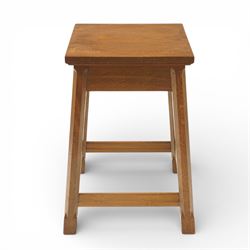 Mouseman - square lightly adzed oak lamp table, with memorial inscription, from Clifton Me...
