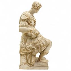 After Michelangelo (Italian 1475-1564) 19th century Florentine plaster figure of Guiliano de Medici as a Roman consul, impressed mark to base H44cm 