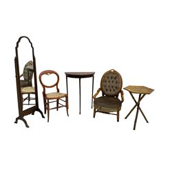 Mahogany cheval dressing mirror, Victorian nursing chair, demi-line hall table, bamboo table and a Victorian balloon back chair (5)