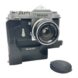 Nikon F NKJ plain prism camera body, serial no. 6520477, with 'Nikon NIKKOR-S Auto 1:2.8 f=35mm' lens, serial no. 344731, Nikon F36 Motor Drive NKJ, serial no. 122780 and Nikon cordless battery pack