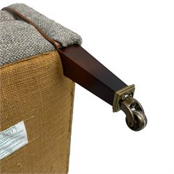 Interiors at Nine to Eleven - Edwardian design armchair, traditional shape with rolled arms, upholstered in 'Harris Tweed' fabric with leather piping, raised on square taping supports with castors