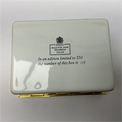 Two Halcyon Days enamel boxes, both of rectangular form, the first depicting Buckingham Palace, 'To Celebrate the Golden Jubilee of Her Majesty Queen Elizabeth', the second depicting the marriage of The Queen and Prince Philip, in celebration of their Diamond Wedding Anniversary, H4cm, W8.5cm, both boxed