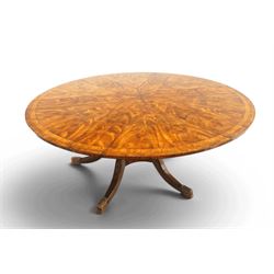Theodore Alexander - Regency Revival figured mahogany 'Althorp Patent Jupe' extending dining table, the segmented circular top formed of six pull-out triangular divisions with inset fold-out leaves, raised on a large turned vasiform pedestal on a pentagonal platform base with ebonised stringing, terminating to five splayed supports with gilt metal acanthus scrolled feet, retailed by David Hick Interiors, Jersey