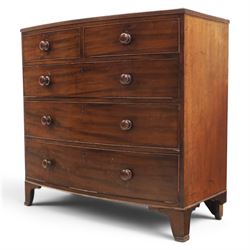 19th century bow fronted mahogany chest, two short over three graduating drawers, raised on bracket feet