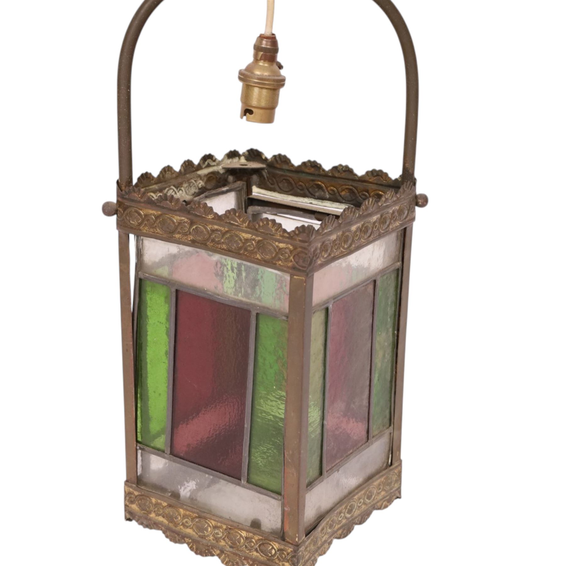 Victorian brass and stained glass hall lantern, H47cm