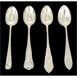 Four sets of six silver coffee spoons, comprising Edwardian set of bead and shell design, with matching sugar tongs, hallmarked John Round & Son Ltd, Sheffield 1902 and 1903, a mid 20th century set of Celtic point type, each with engraved monogram to terminal, hallmarked H Hunt, Sheffield 1947, a further mid 20th century set with rat tail bowls,  hallmarked Roberts & Belk Ltd, Sheffield 1944, and an Edwardian set, hallmarked Francis Howard Ltd, Sheffield 1906, approximate total silver weight 10.22 ozt (318 grams)