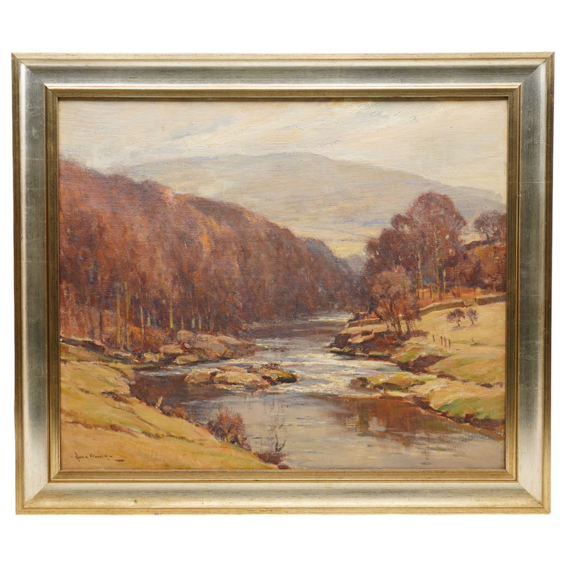 Owen Bowen (Staithes Group 1873-1967): 'The Wharfe Valley at Appletreewick', oil on canvas signed, original title label verso 50cm x 60cm 
Provenance: private collection; purchased David Duggleby Whitby 23rd April 2007 Lot 58