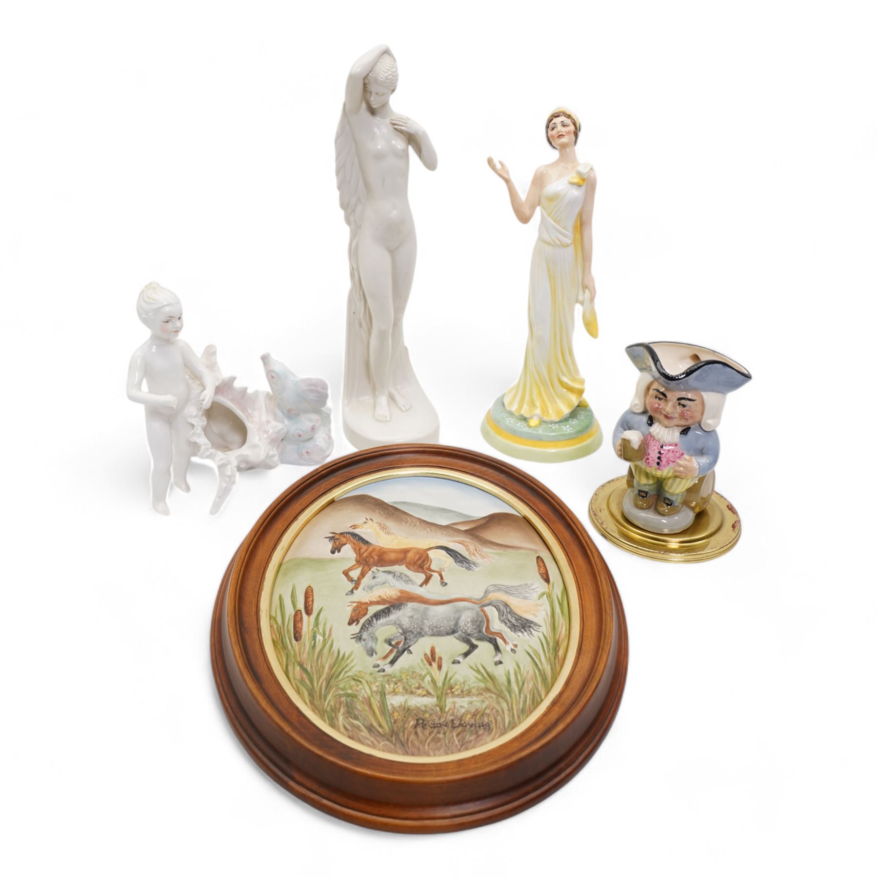 Peggy Davies - group of figures to include 'Dolores', Sea Nymph and Shell, Roaming Horses oval plaque, and a nude statuette, H29cm; together with a Sylfan Davies Toby jug (5)