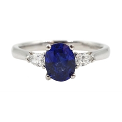 18ct white gold Ceylon sapphire and pear shaped diamond ring, hallmarked, sapphire approx 1.30 carat 
