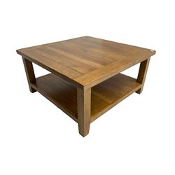 Square solid oak coffee table, plank top over under-tier