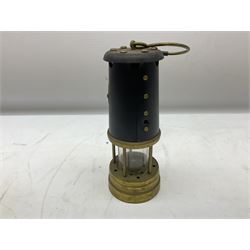 Vale type brass and matte black miners lamp, with brass plaque to front detailed 'British Coal Mining Company, Wales UK', H21.5cm excl handle