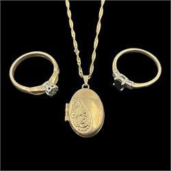 9ct gold jewellery, comprising locket pendant necklace, sapphire and diamond ring and a single stone diamond ring