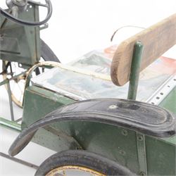 Triang child's pedal car in the style of a vintage automotive, likely a De Dion Bouton or an early Renault, painted in dark green with pale yellow details, H52cm