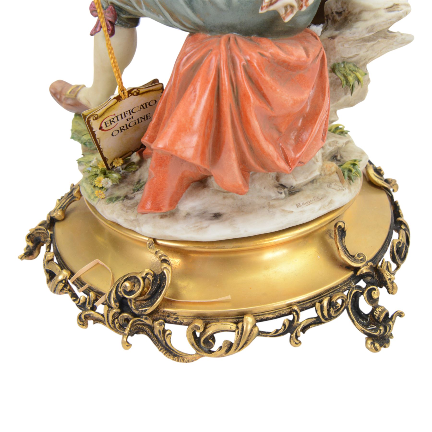 Three Capodimonte figures, including Male artist, Tramp on a Bench, and Boy Fishing, largest H35cm