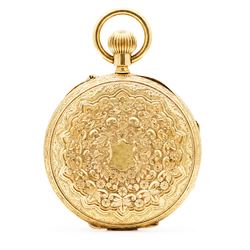 Victorian 18ct gold open face keyless lever presentation pocket watch, No. 44877, gilt dial with Roman numeral hour markers, engraved foliate case with empty cartouche, case makers mark W.S, Chester 1892