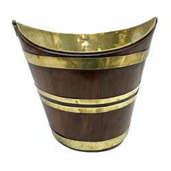 George III mahogany and brass bound peat bucket, of navette form with brass swing handle, H33cm