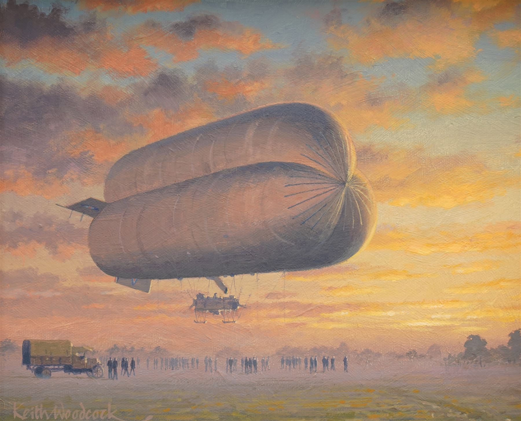 Keith Woodcock (British Contemporary): 'Battlebag - Coast Class Airship - Howden 1917', oil on board signed, artist's labels verso 24cm x 29cm 