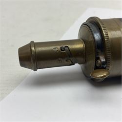 19th century James Dixon & Sons leather covered powder flask with patent action adjustable shot measure to dispense 2 1/4 - 3 drams; marked Parker Hale Ltd. Birmingham England L20cm