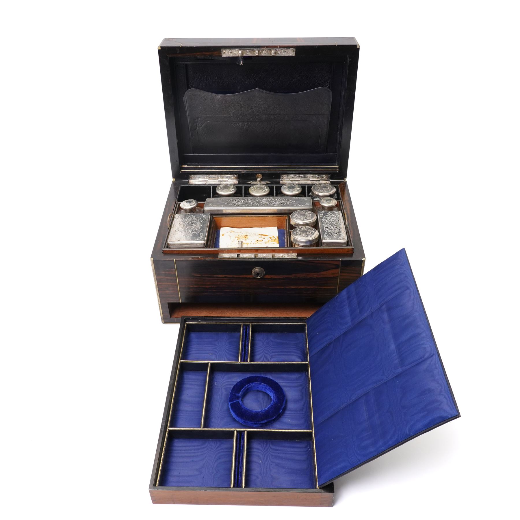 Victorian coromandel vanity box, revealing fully fitted interior with partial en suite vanity set, leather document pocket, the concealed draw accessed by pin mechanism, H18.5cm x W31.5cm x 23cm 