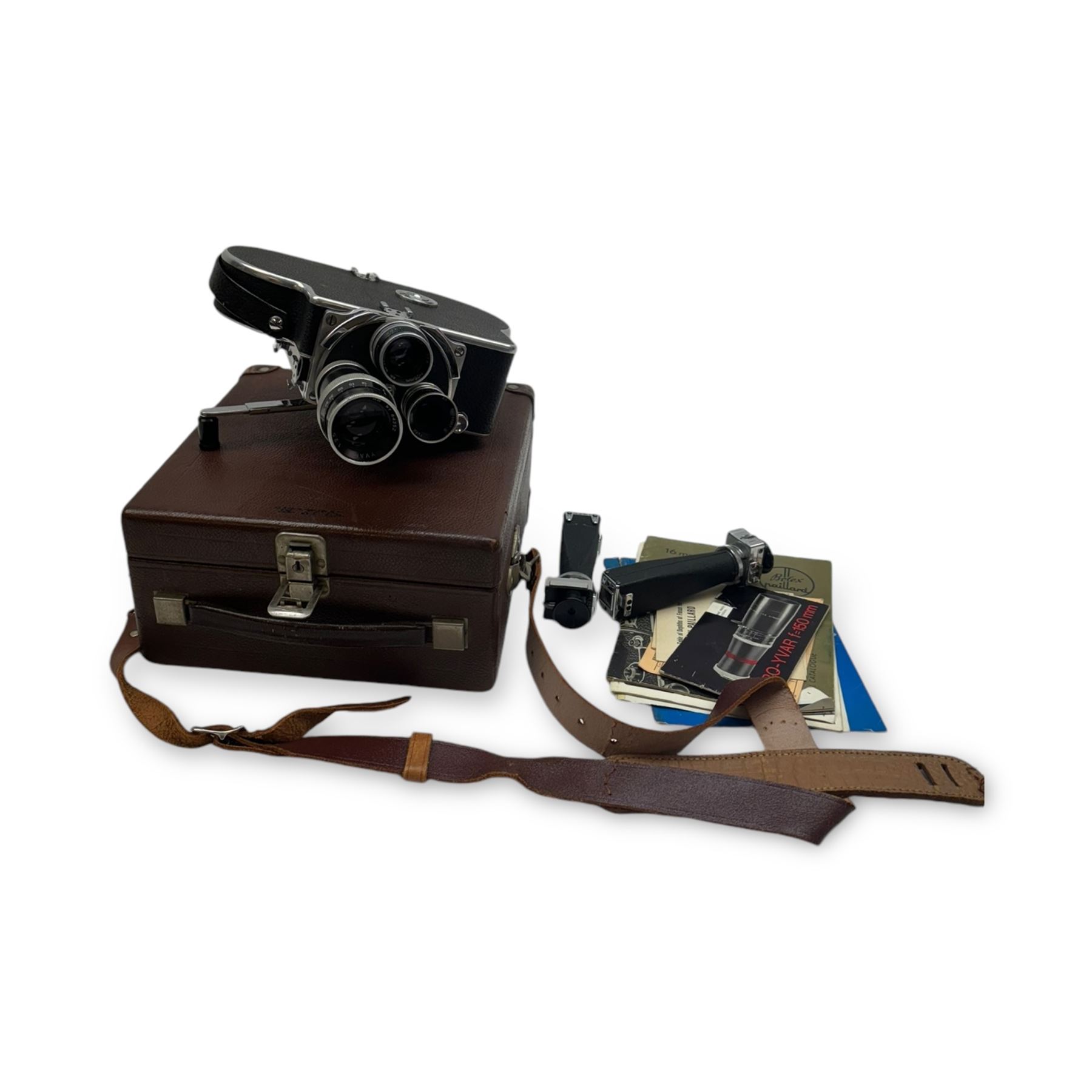 Paillard Bolex cine camera, with three lenses; YVAR 1:2.5 f=75mm AR no. 64352, Switar 1:1.4 f=25mm AR no. 77066 and YVAR 1:2.8 f=16mm AR no. 184953, in fitted case with brochure, other ephemera and accessories 