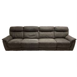 DFS - 'Vinson' grande four-seat electric reclining smart sofa upholstered in stitched grey fabric, each seat with independent electric reclining action, fitted with two USB charging ports 