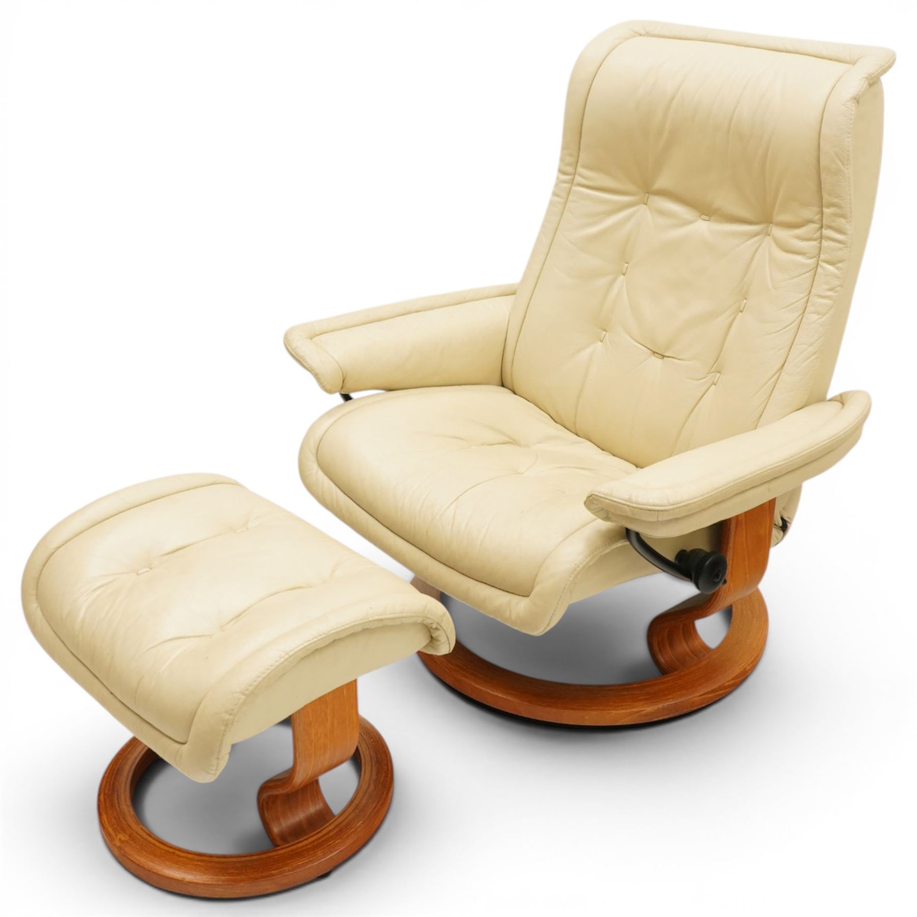 Ekornes - Stressless cream leather upholstered reclining armchair together with a matching stool