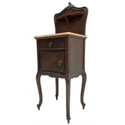Late 19th to early 20th century walnut bedside pot cupboard, the shaped raised back with carved C-scroll pediment, pink variegated marble top, fitted with single drawer and cupboard, foliage carved cabriole supports with scroll carved terminals