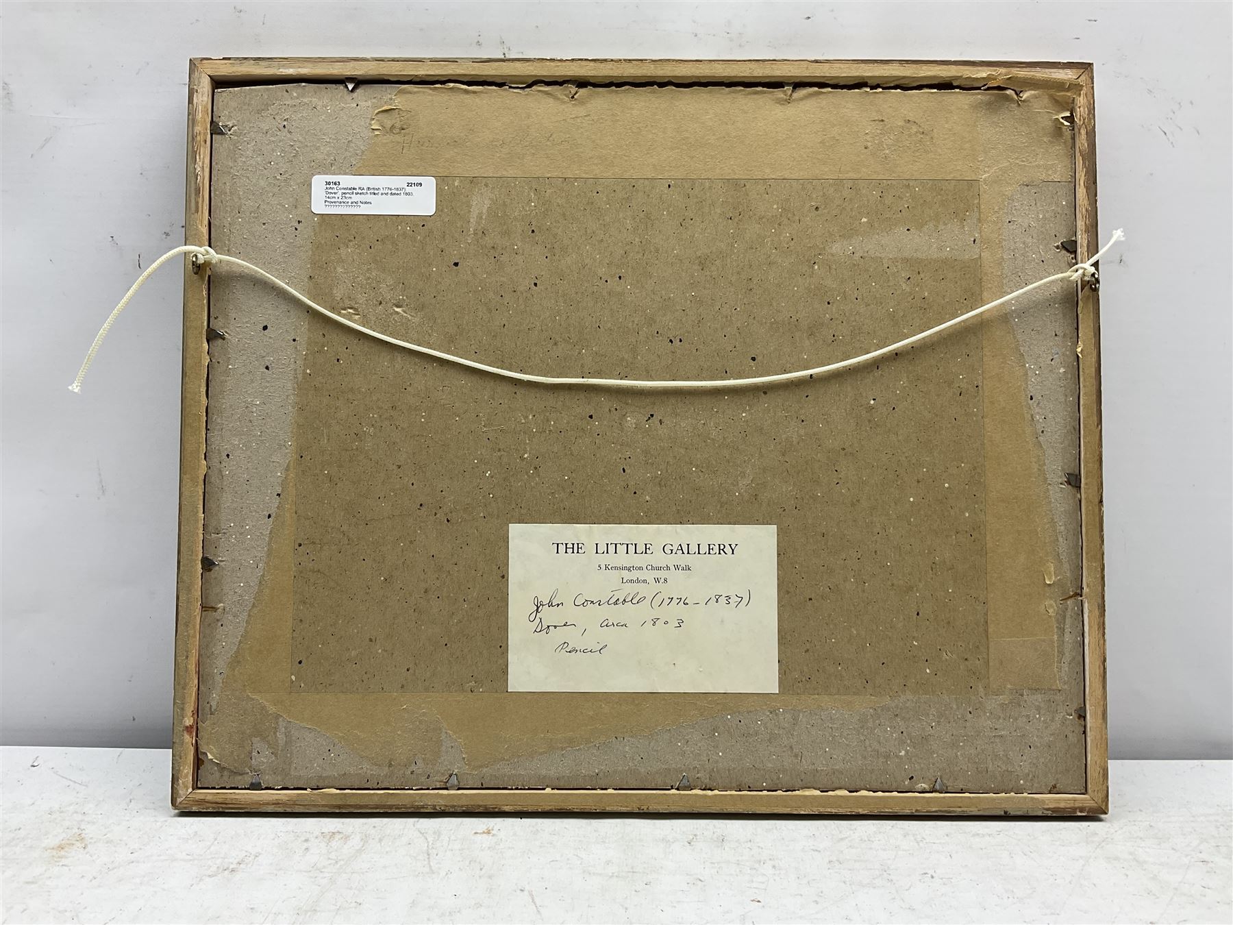 John Constable RA (British 1776-1837): 'Dover', pencil sketch titled and dated 1803, inscribed verso 14cm x 23cm 
Provenance: deceased estate/house clearance in the Leeds/York area, located in a suitcase with broken glass - back opened and glass replaced prior to auction. With The Little Gallery, 5 Kensington Church Walk, London W8, who were active around 1971-1975 specialising in big name artists but the pictures were often sketches, untypical works, thumbnail drawings etc (far more readily available at this period). There are many other examples of big name artist's pictures being sold with the same Gallery label in the same handwriting. The back of the drawing is inscribed 'J Constable' probably in the handwriting of John Fisher, his friend and patron, who on Constable's death dispersed many sketches and scrapbooks. Notes: Constable made a series of drawings, mainly of shipping, during his voyage on the East Indiaman 'Coutts' from London to Deal in April 1803. In a letter to his good friend John Dunthorne, dated 23rd May 1803, he writes 'I came on shore at Deal, walked to Dover (about one and a half hours) and the next day returned to London', giving him a half day in Dover.