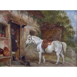 Martin Theodore Ward (British 1799-1874): Pony Tethered at 'The Wayside Inn', oil on board unsigned, titled on exhibition label verso 15cm x 19cm 
Provenance: exh. 'York Fine Art Exhibition' May 1879 at the Yorkshire Museum Gallery Ex. No.1238, lent by J M Mountain Esq., Art Dealer in Goodramgate, York who supplied eight pictures for the exhibition