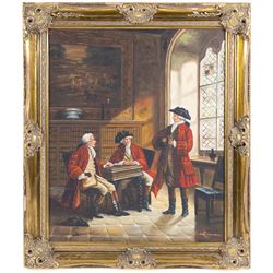 Continental School (20th Century): Three Gentleman in an Interior, oil on canvas signed 'Santasola' 60cm x 49cm