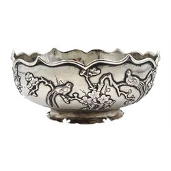 Early 20th century Chinese silver pedestal bowl, with applied exotic birds amongst blossoming prunus decoration, by Sing Fat stamped SF 90, approx 6.2oz