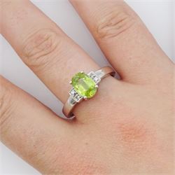 9ct white gold three stone oval cut peridot and diamond ring, hallmarked