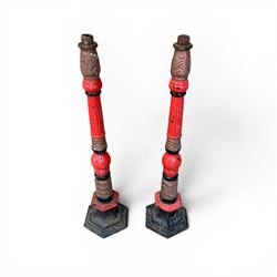 Pair of Victorian revival cast iron driveway lamp columns, painted in red, green and black