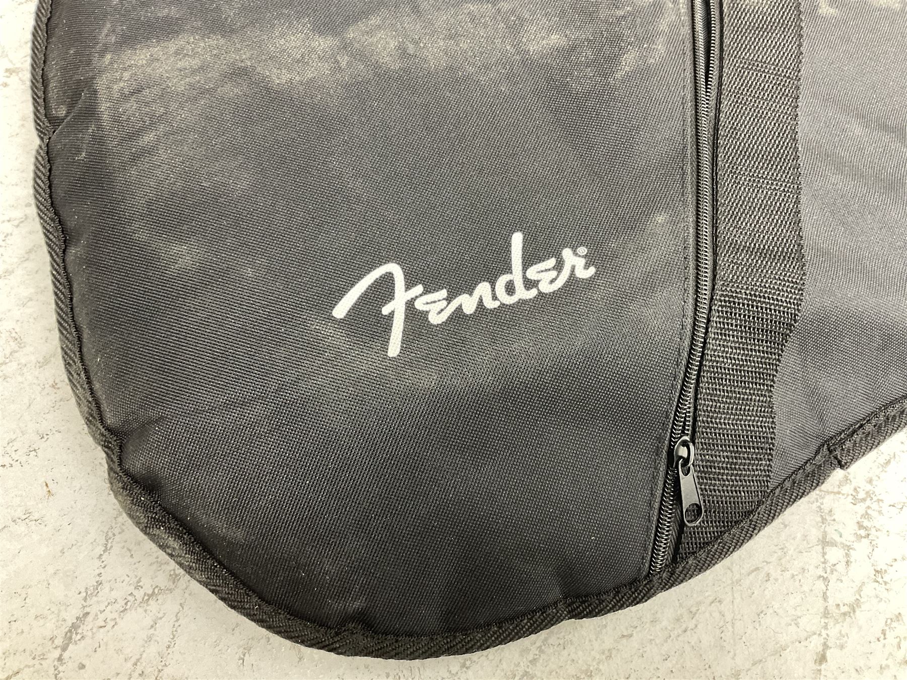 Richwood electric bass guitar in blue, cream and natural finish L117cm; in Fender soft carrying case; together with Behringer Thunderbird Bx108 amplifier date code 0 4 11.